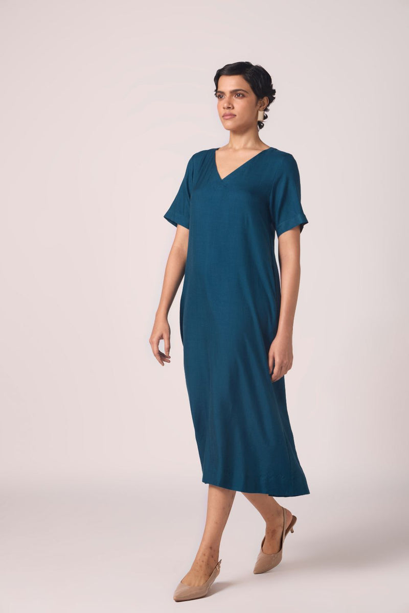 Vega Blue Silk Midi Dress silk by The Summer House in blue color for women in Singapore