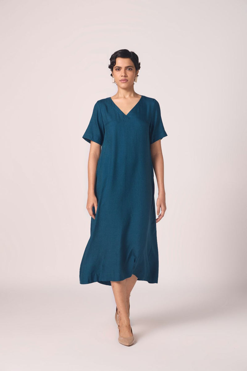 Vega Blue Silk Midi Dress silk by The Summer House in blue color for women in Singapore