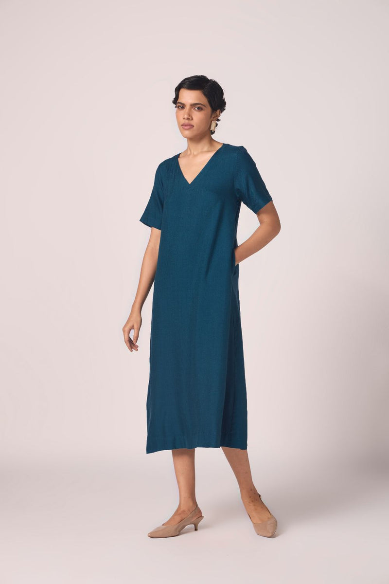 Vega Blue Silk Midi Dress silk by The Summer House in blue color for women in Singapore