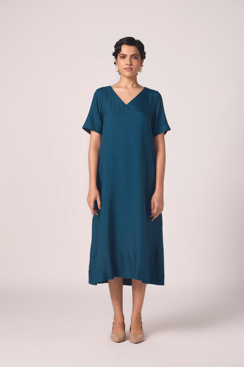 Vega Blue Silk Midi Dress silk by The Summer House in blue color for women in Singapore