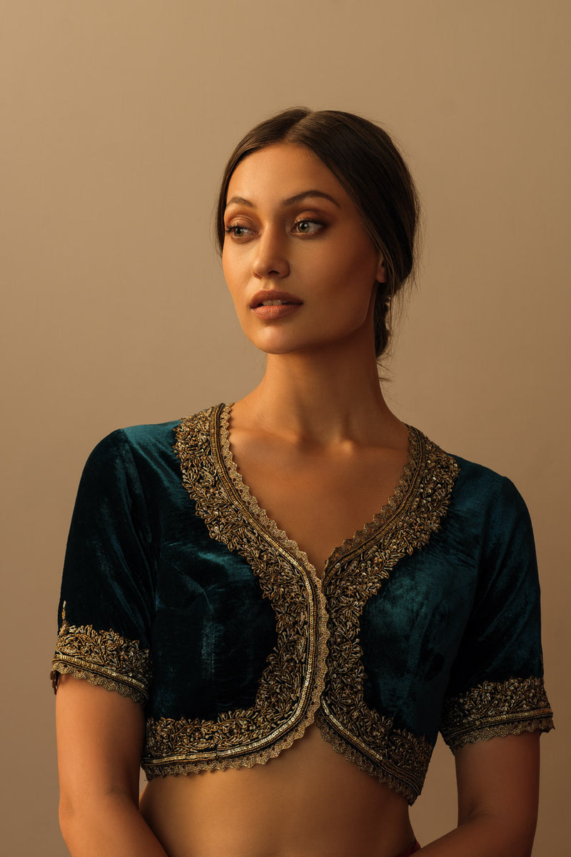 Velvet koti teal blue and gold Buy Velvet koti teal blue and gold from C&W | for Women by Mallika Mathur in teal color for women in Singapore
