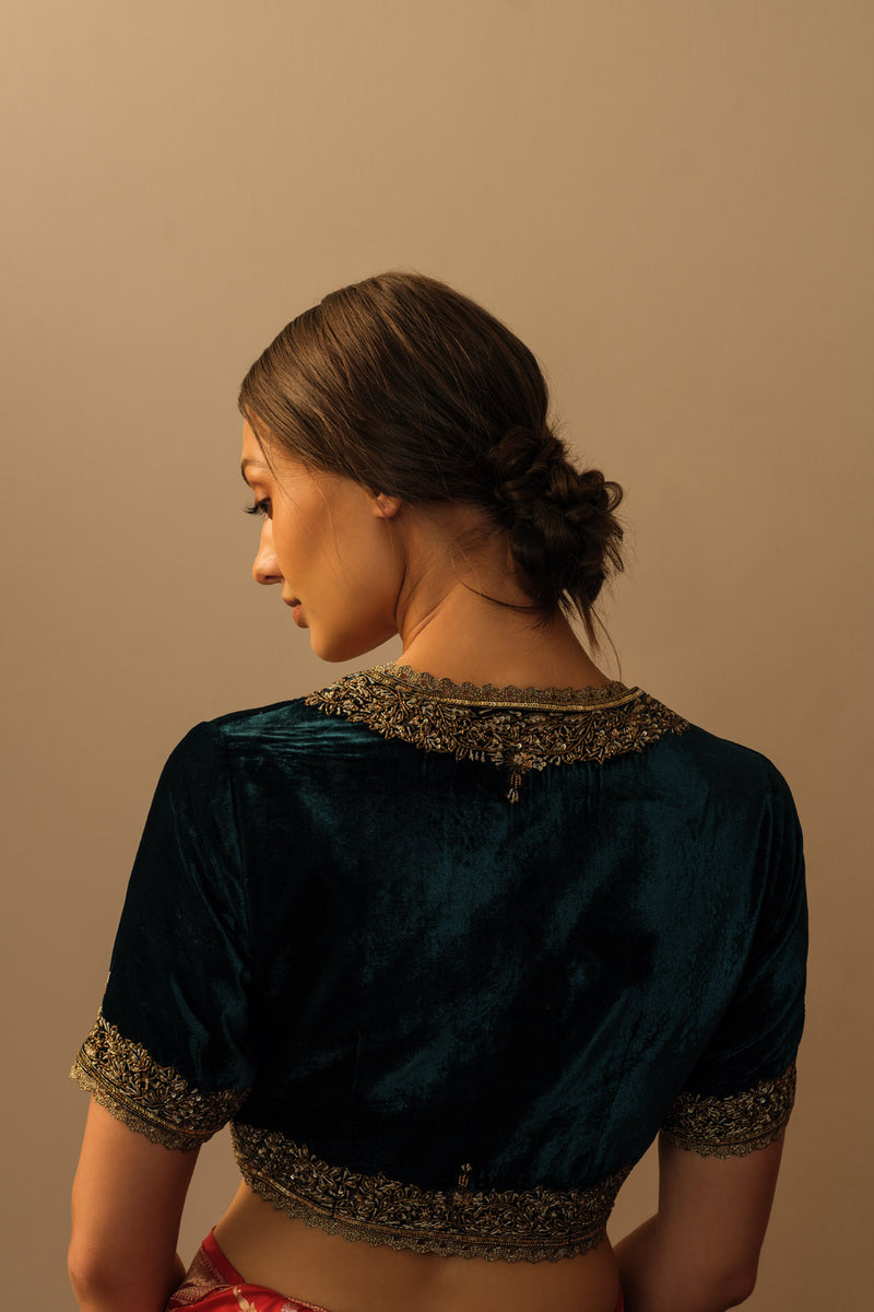 Velvet koti teal blue and gold Buy Velvet koti teal blue and gold from C&W | for Women by Mallika Mathur in teal color for women in Singapore