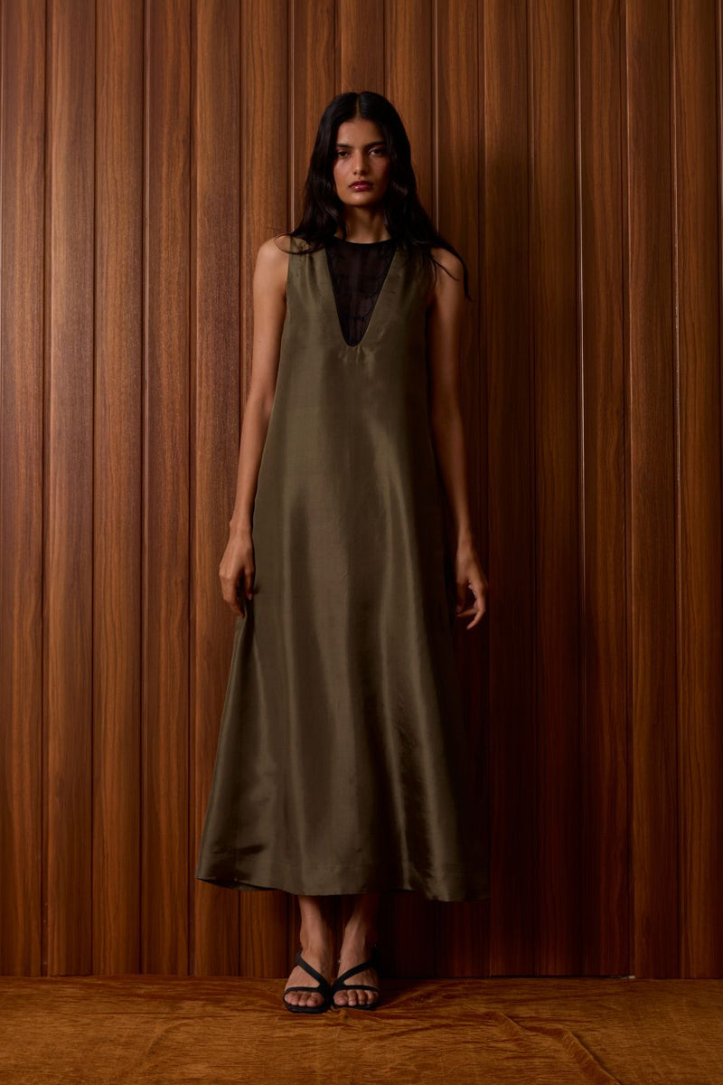 Velyra Olive Silk Dress silk by The Summer House in olive color for women in Singapore