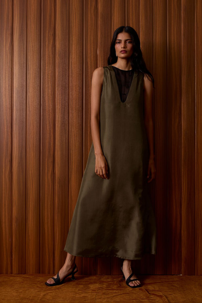 Velyra Olive Silk Dress silk by The Summer House in olive color for women in Singapore