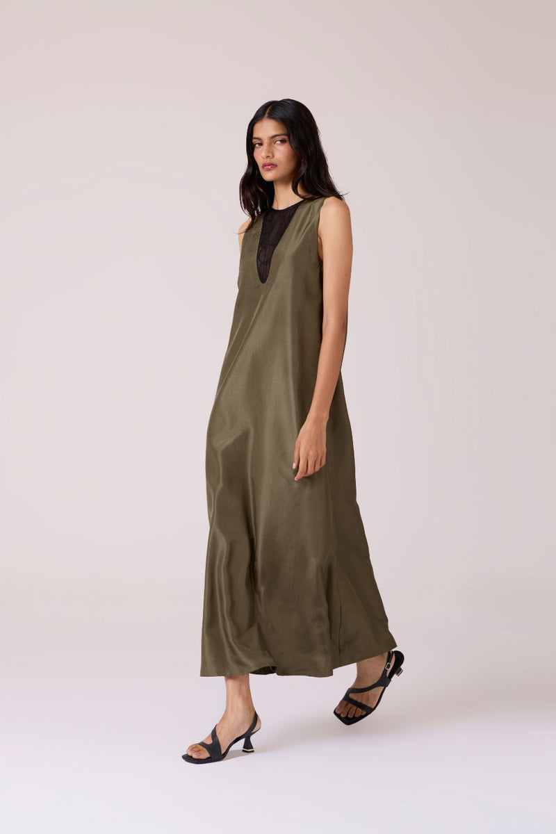 Velyra Olive Silk Dress silk by The Summer House in olive color for women in Singapore