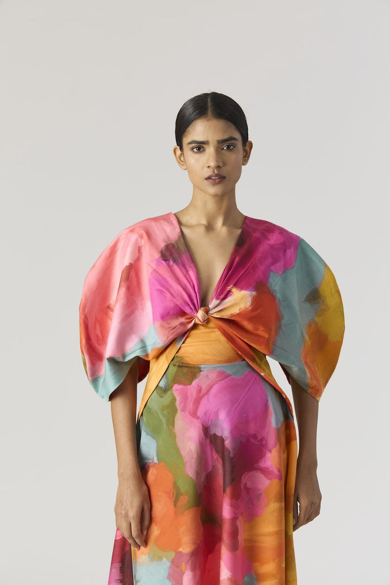 VERONICA FRONT KNOTTED DRESS satin by Yam in multi color for women in Singapore
