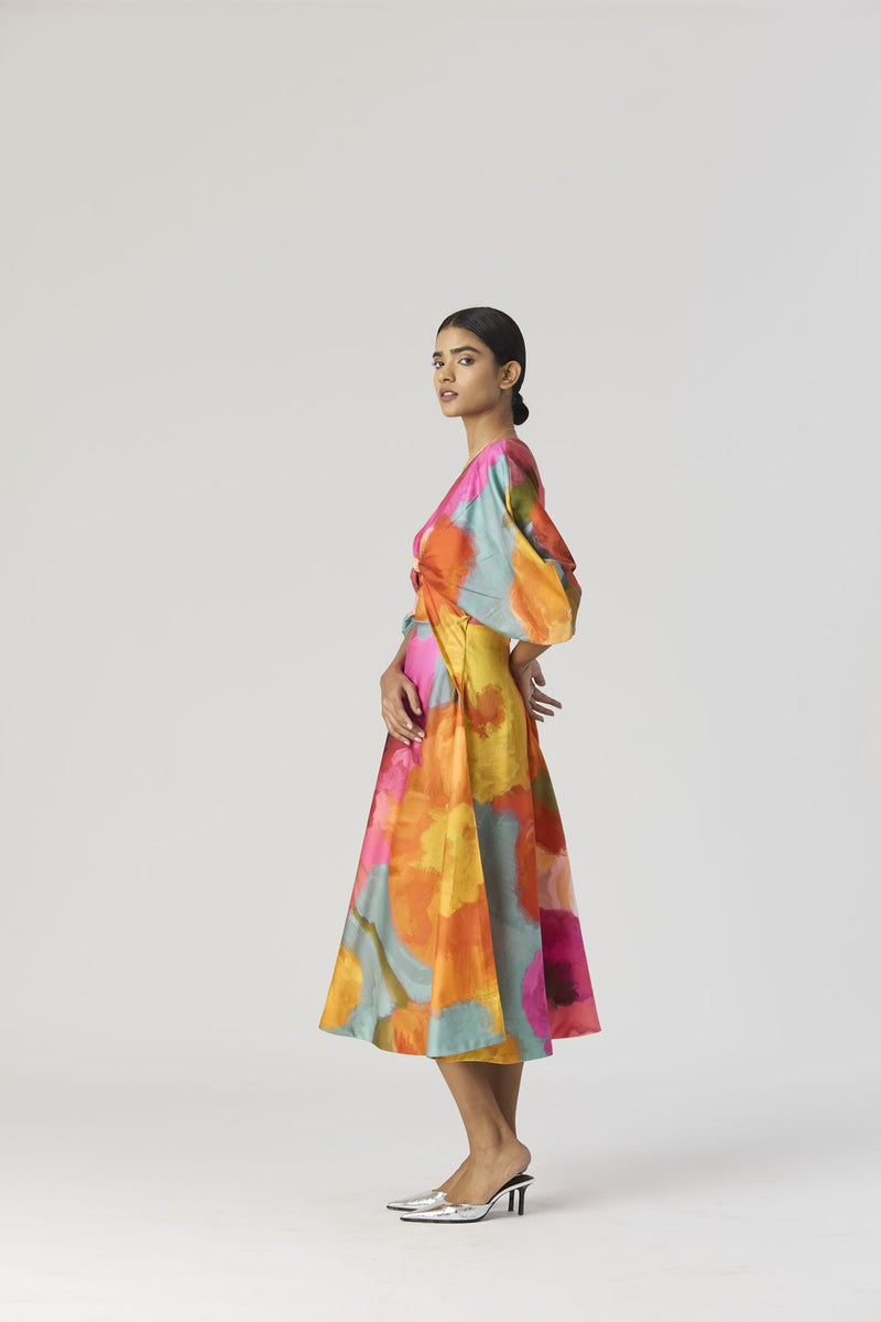 VERONICA FRONT KNOTTED DRESS satin by Yam in multi color for women in Singapore