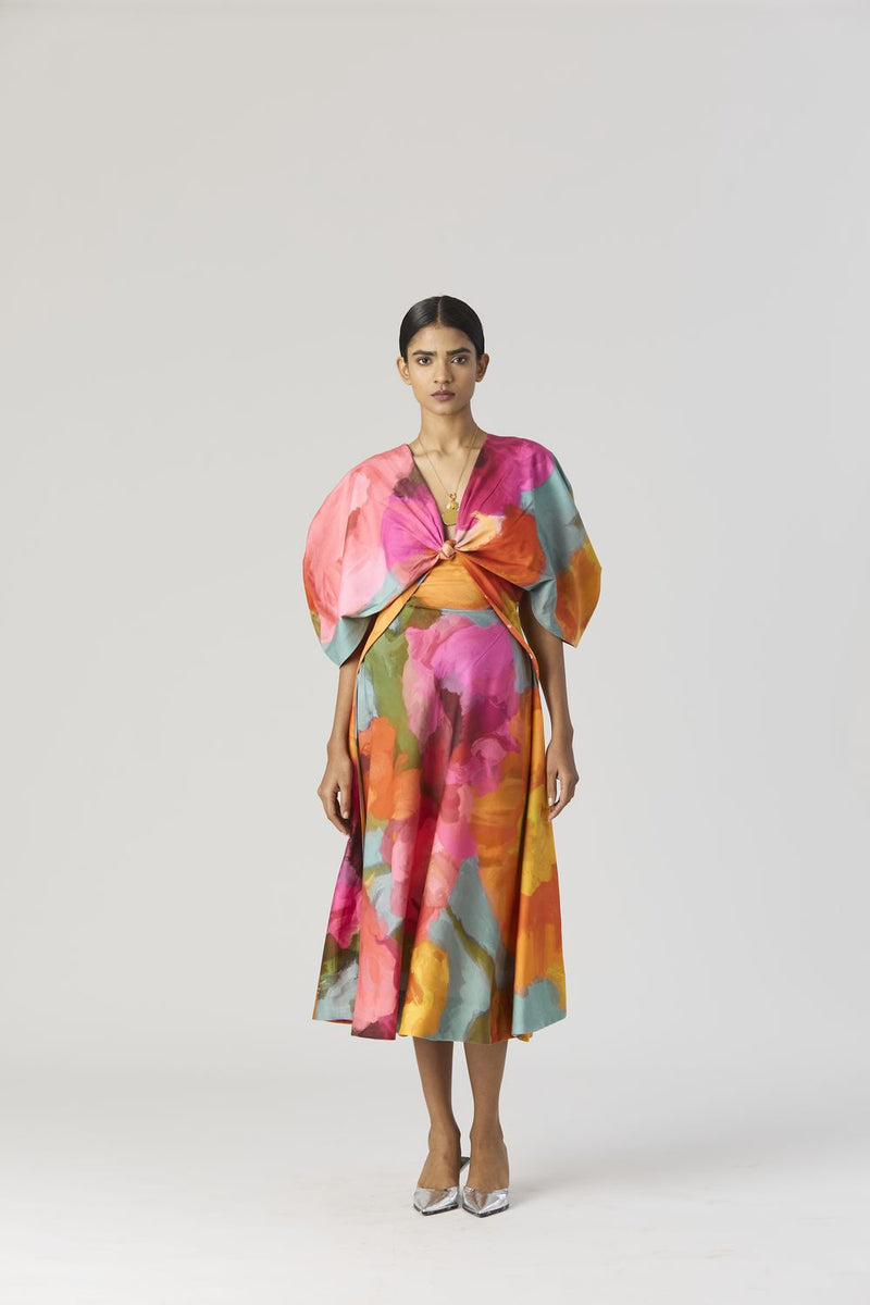 VERONICA FRONT KNOTTED DRESS satin by Yam in multi color for women in Singapore