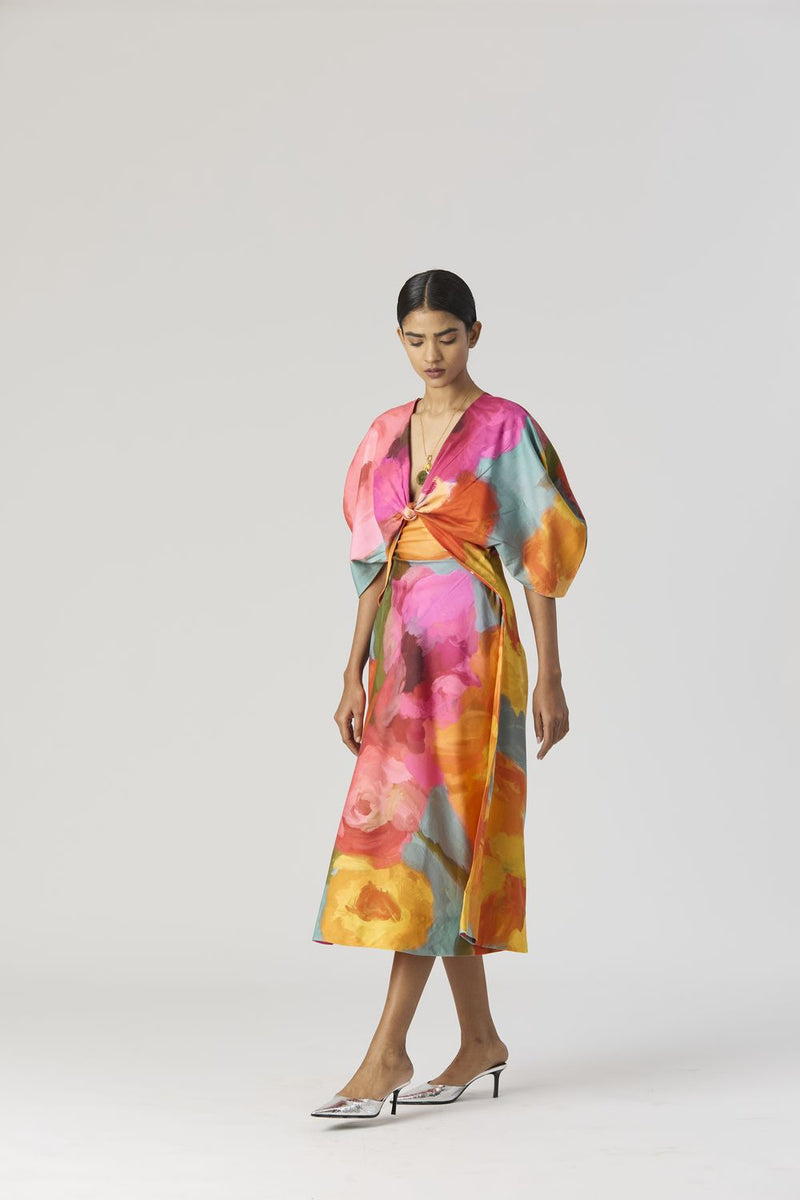 VERONICA FRONT KNOTTED DRESS satin by Yam in multi color for women in Singapore