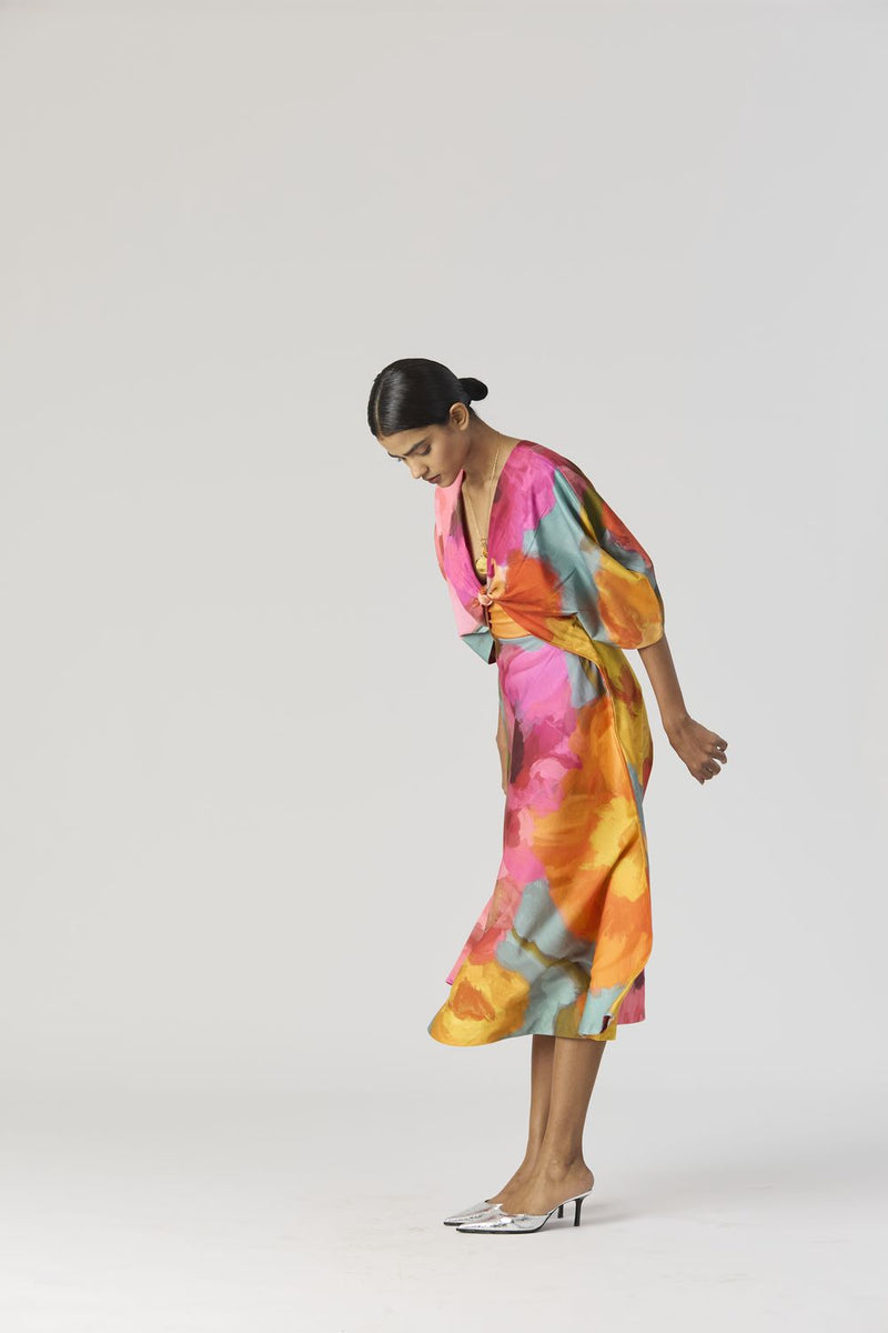 VERONICA FRONT KNOTTED DRESS satin by Yam in multi color for women in Singapore