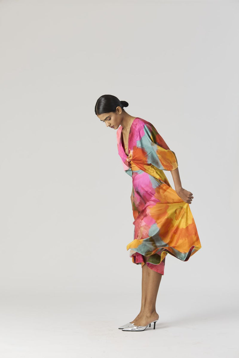 VERONICA FRONT KNOTTED DRESS satin by Yam in multi color for women in Singapore