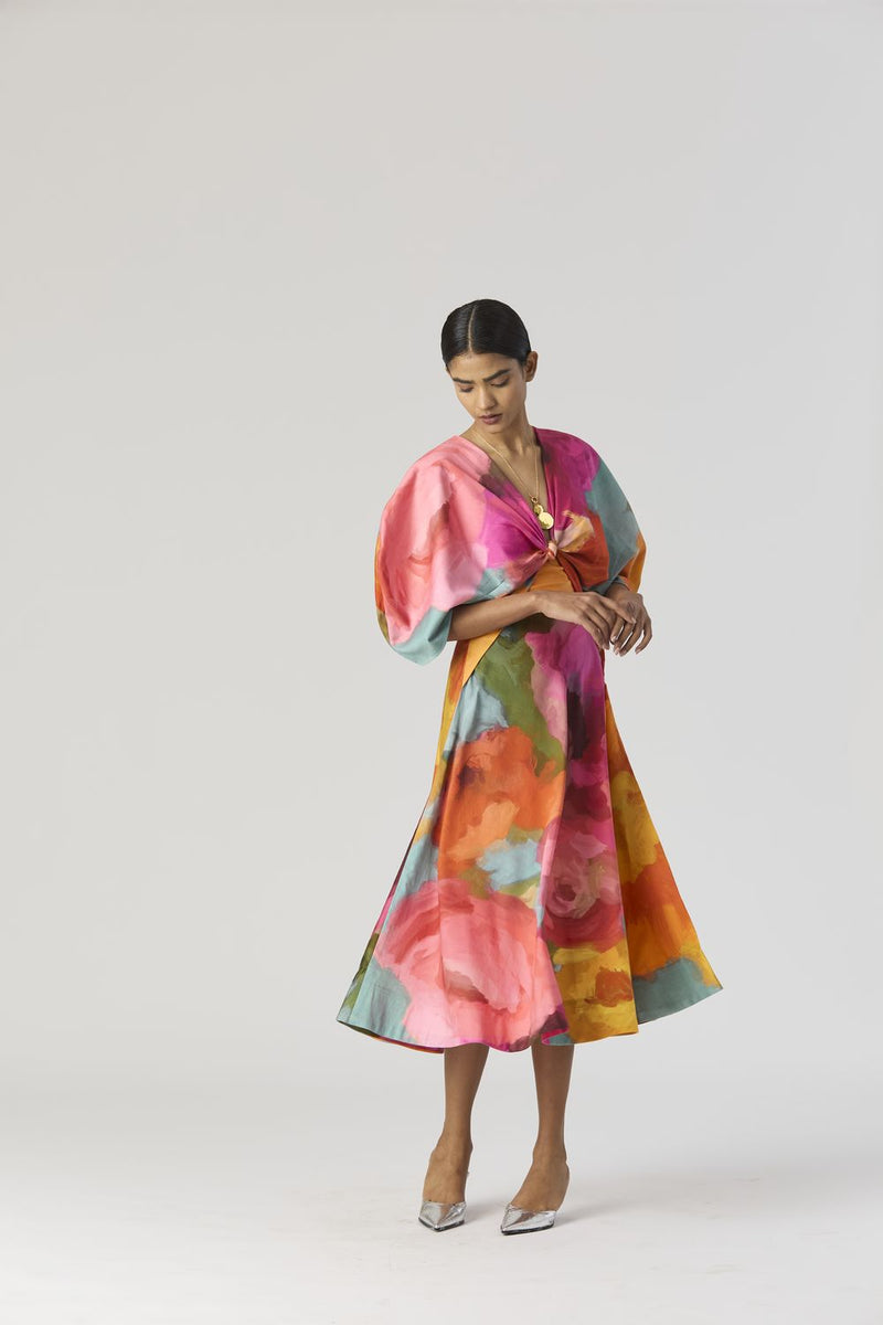 VERONICA FRONT KNOTTED DRESS satin by Yam in multi color for women in Singapore