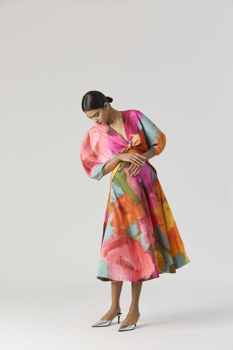 VERONICA FRONT KNOTTED DRESS satin by Yam in multi color for women in Singapore
