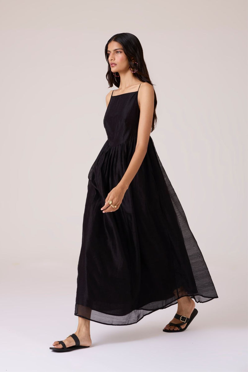 Vespera Black Handwoven Dress chanderi by The Summer House in black color for women in Singapore