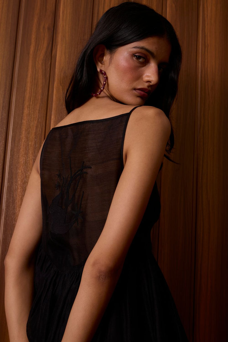 Vespera Black Handwoven Dress chanderi by The Summer House in black color for women in Singapore