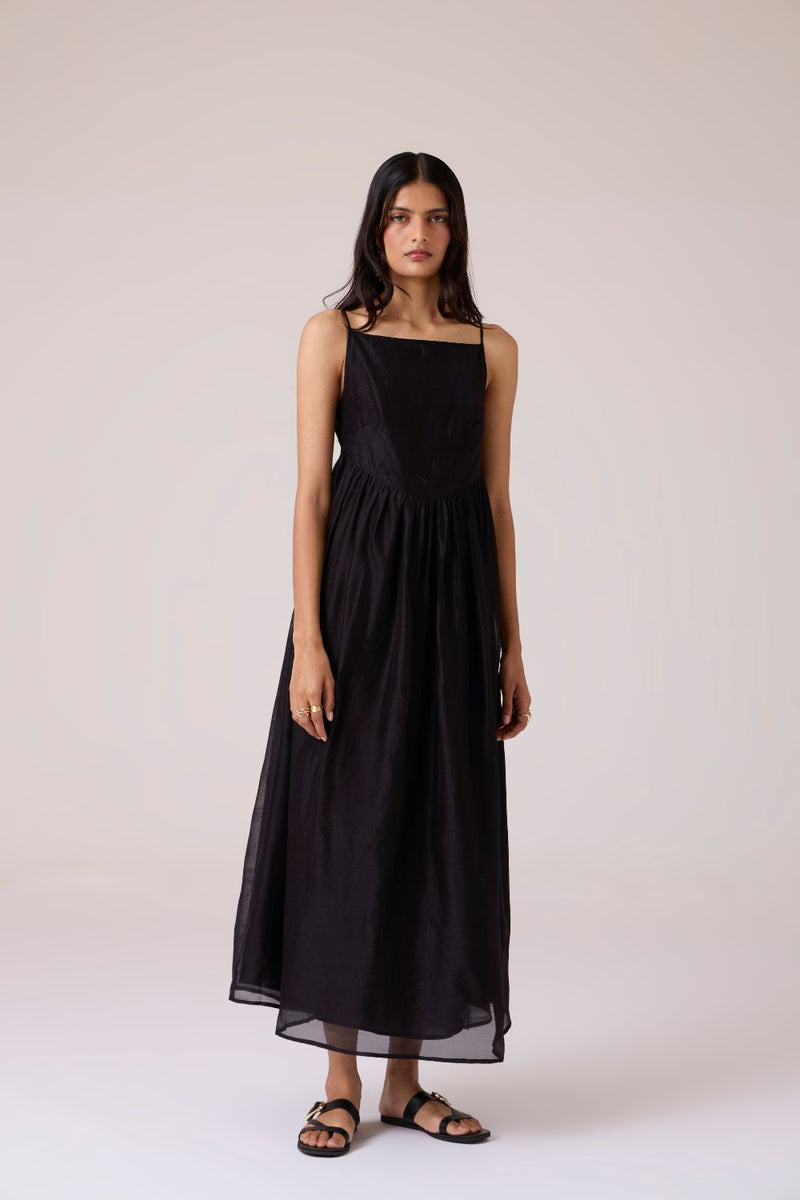 Vespera Black Handwoven Dress chanderi by The Summer House in black color for women in Singapore
