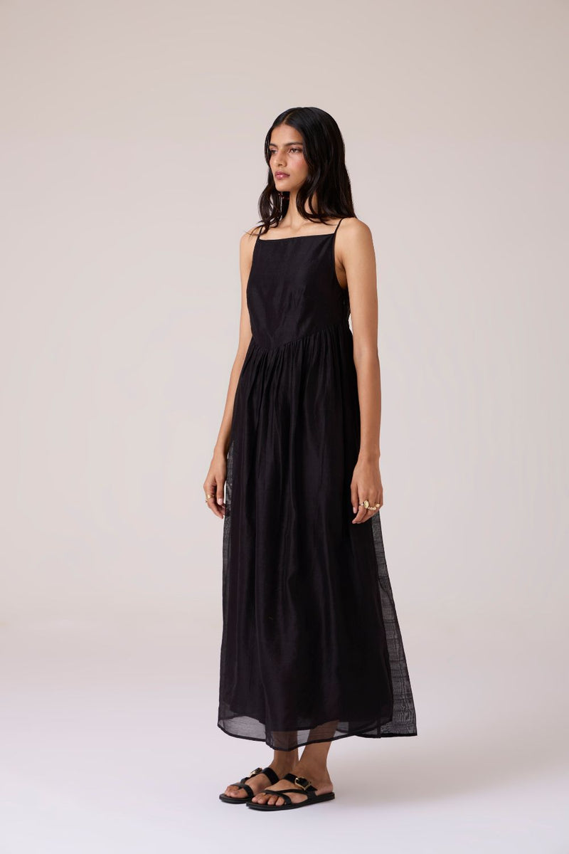 Vespera Black Handwoven Dress chanderi by The Summer House in black color for women in Singapore