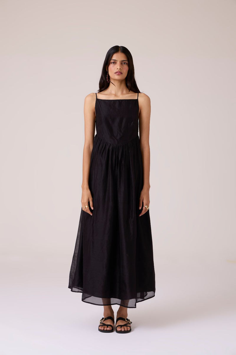 Vespera Black Handwoven Dress chanderi by The Summer House in black color for women in Singapore