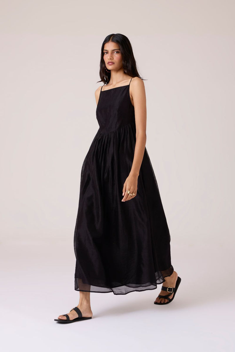 Vespera Black Handwoven Dress chanderi by The Summer House in black color for women in Singapore