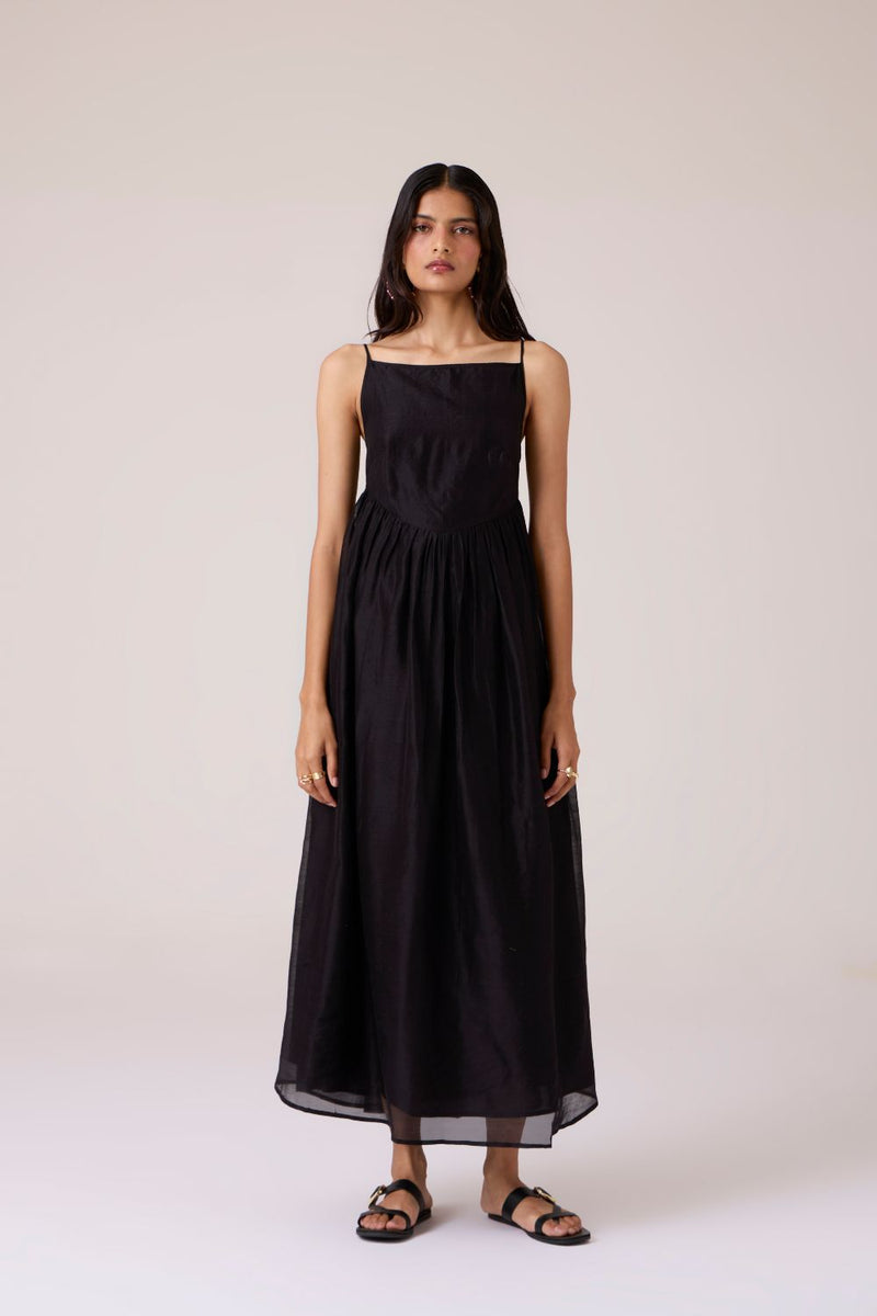 Vespera Black Handwoven Dress chanderi by The Summer House in black color for women in Singapore
