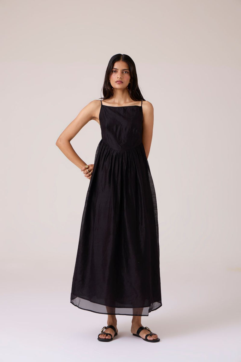 Vespera Black Handwoven Dress chanderi by The Summer House in black color for women in Singapore