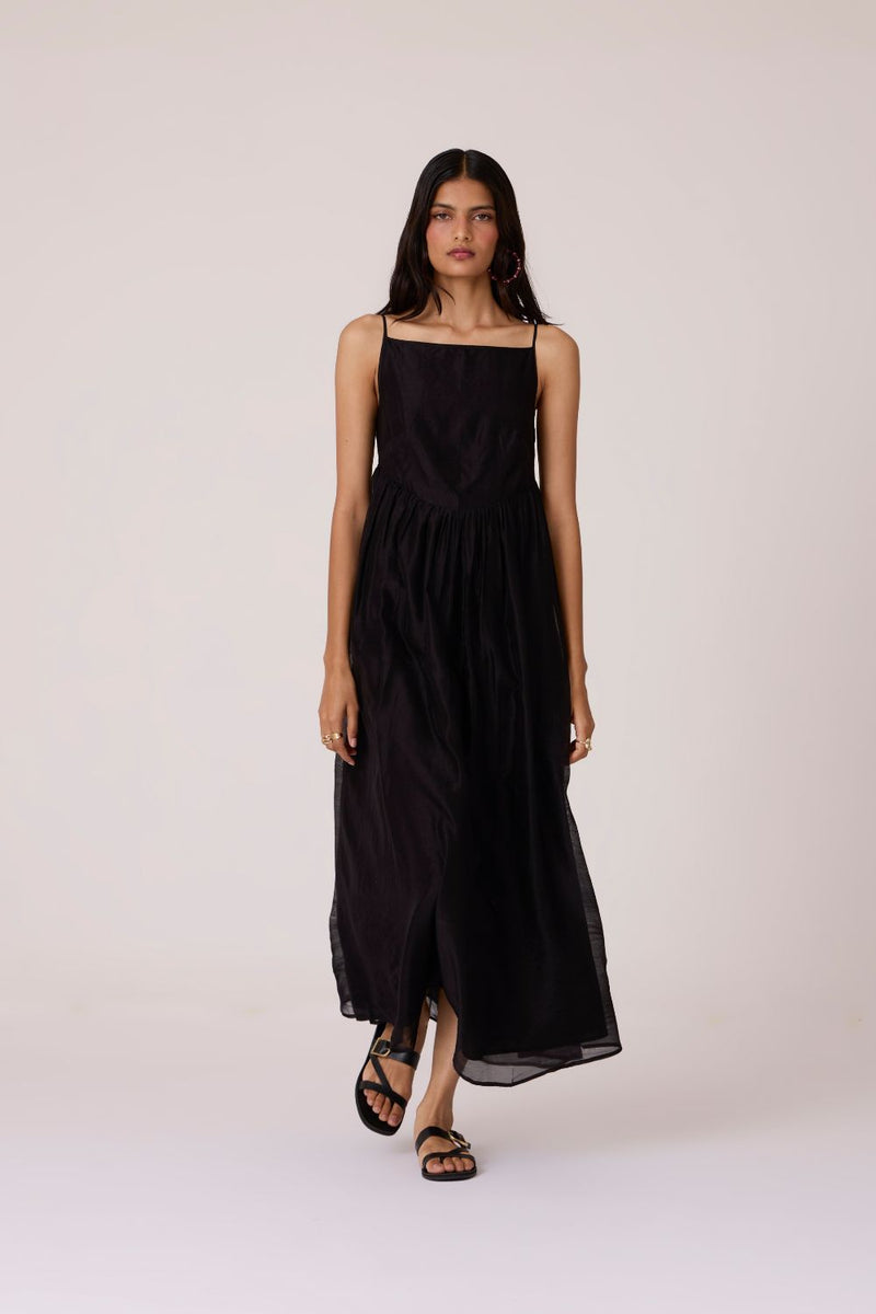 Vespera Black Handwoven Dress chanderi by The Summer House in black color for women in Singapore