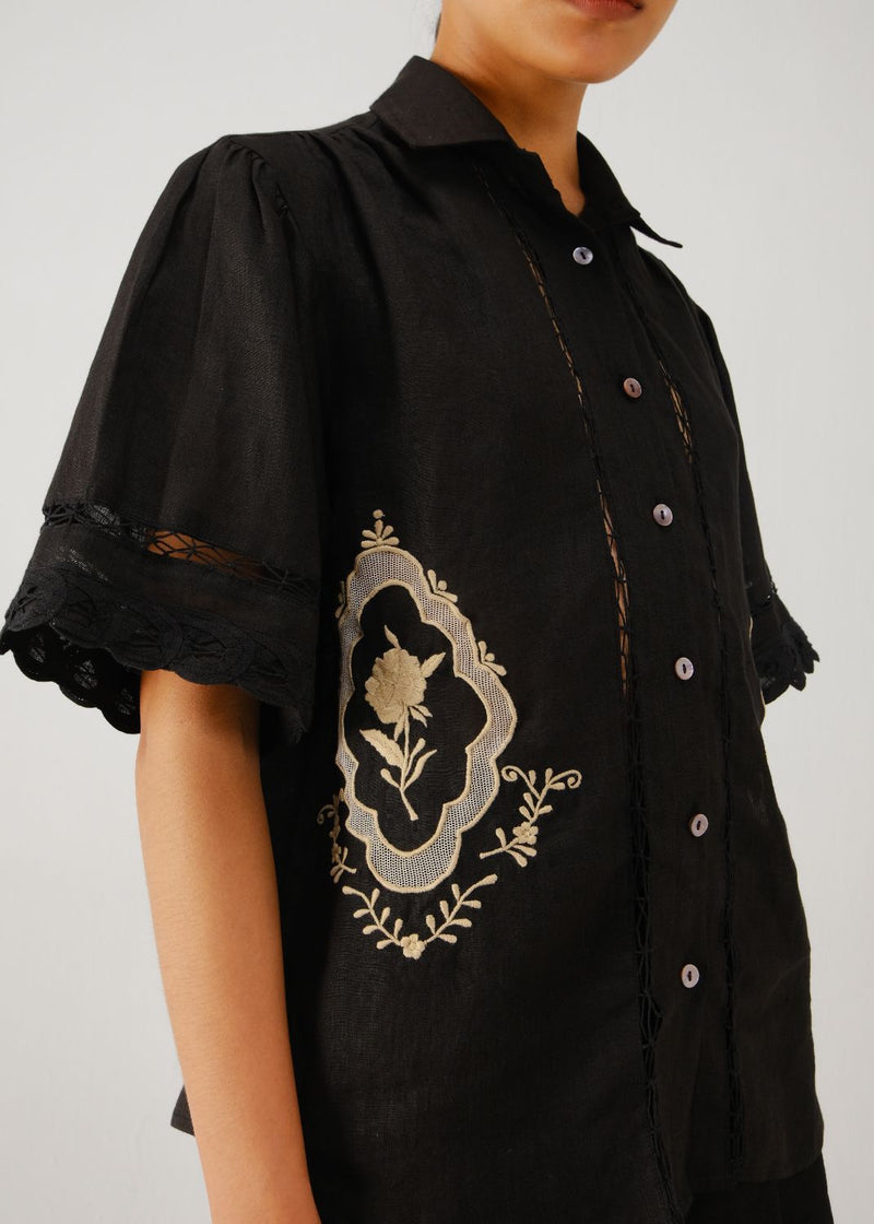 Victorian shirt-Black jali emb. linen by CORD for women in Singapore