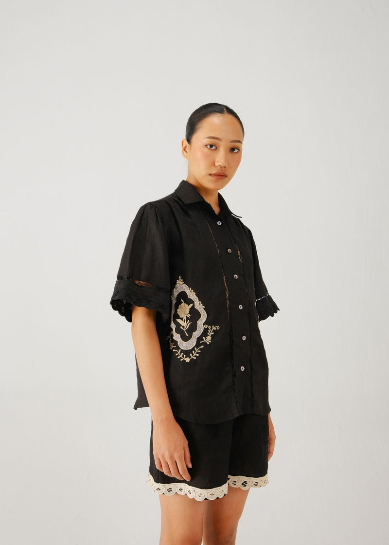 Victorian shirt-Black jali emb. linen by CORD for women in Singapore