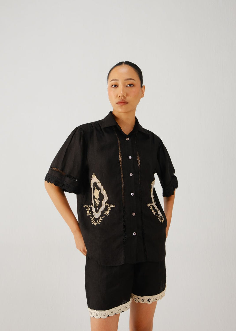 Victorian shirt-Black jali emb. linen by CORD for women in Singapore