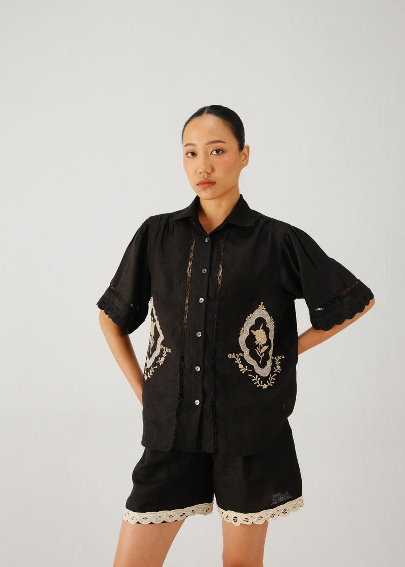 Victorian shirt-Black jali emb. linen by CORD for women in Singapore