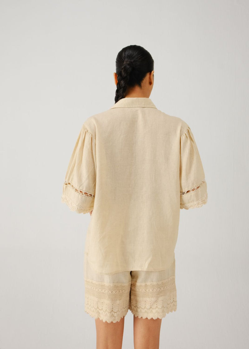 Victorian shirt-Ivory jali emb. linen by CORD for women in Singapore
