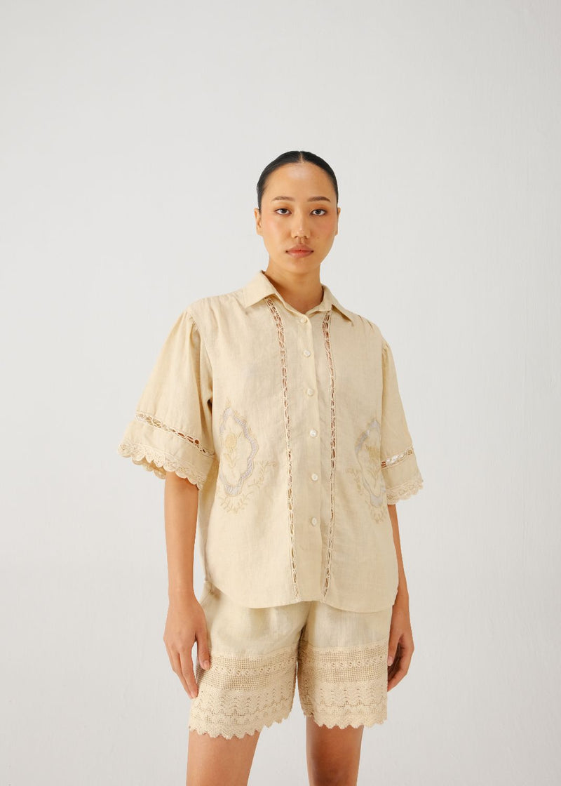Victorian shirt-Ivory jali emb. linen by CORD for women in Singapore