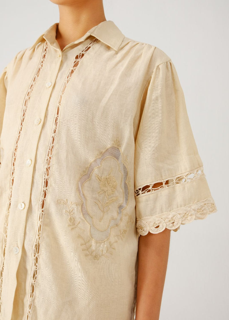 Victorian shirt-Ivory jali emb. linen by CORD for women in Singapore