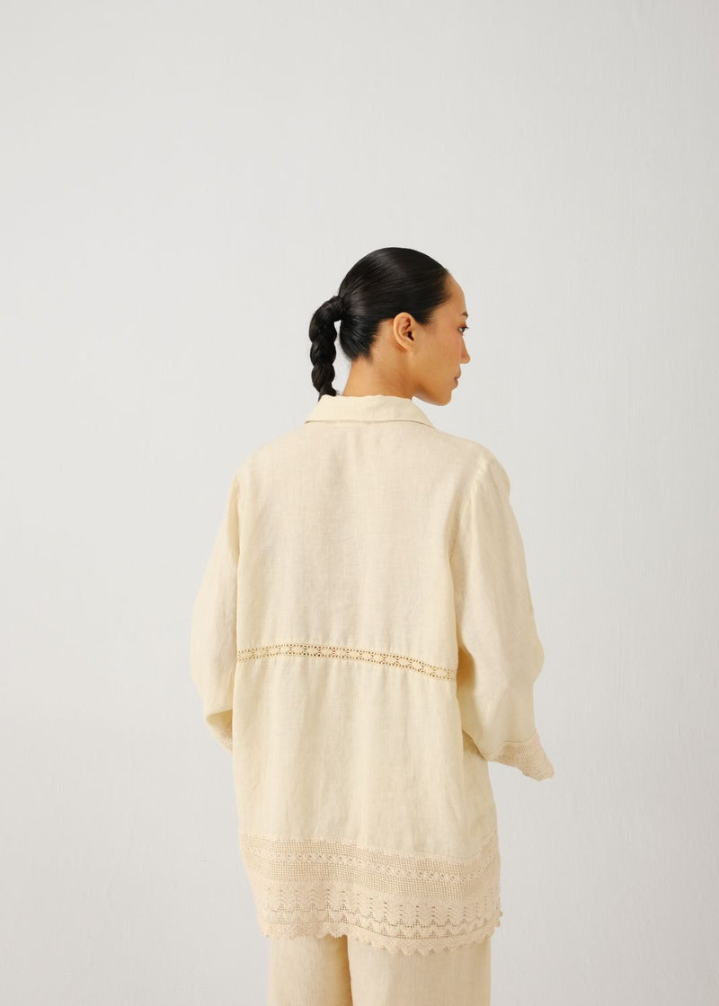 Victorian shirt-Ivory jali emb. linen by CORD for women in Singapore