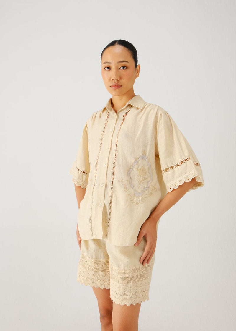 Victorian shirt-Ivory jali emb. linen by CORD for women in Singapore
