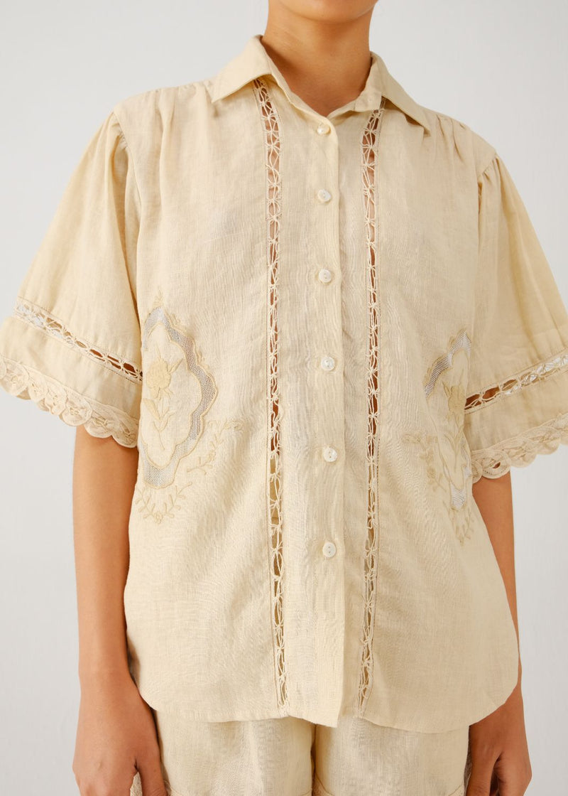 Victorian shirt-Ivory jali emb. linen by CORD for women in Singapore