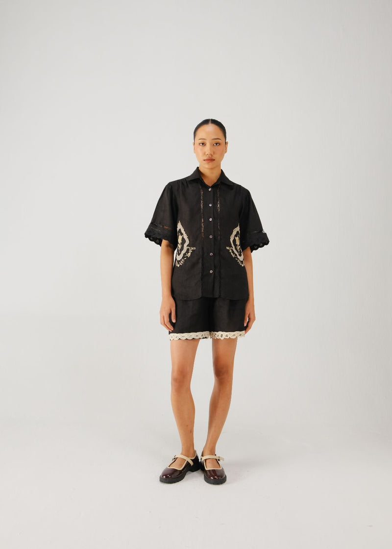 Victorian set-Black jali emb. linen by CORD for women in Singapore
