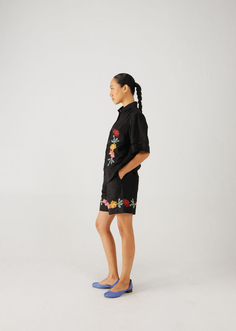 Victorian set-Black pixel emb. linen by CORD for women in Singapore