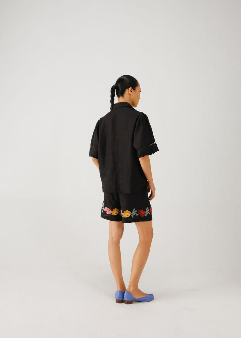Victorian set-Black pixel emb. linen by CORD for women in Singapore