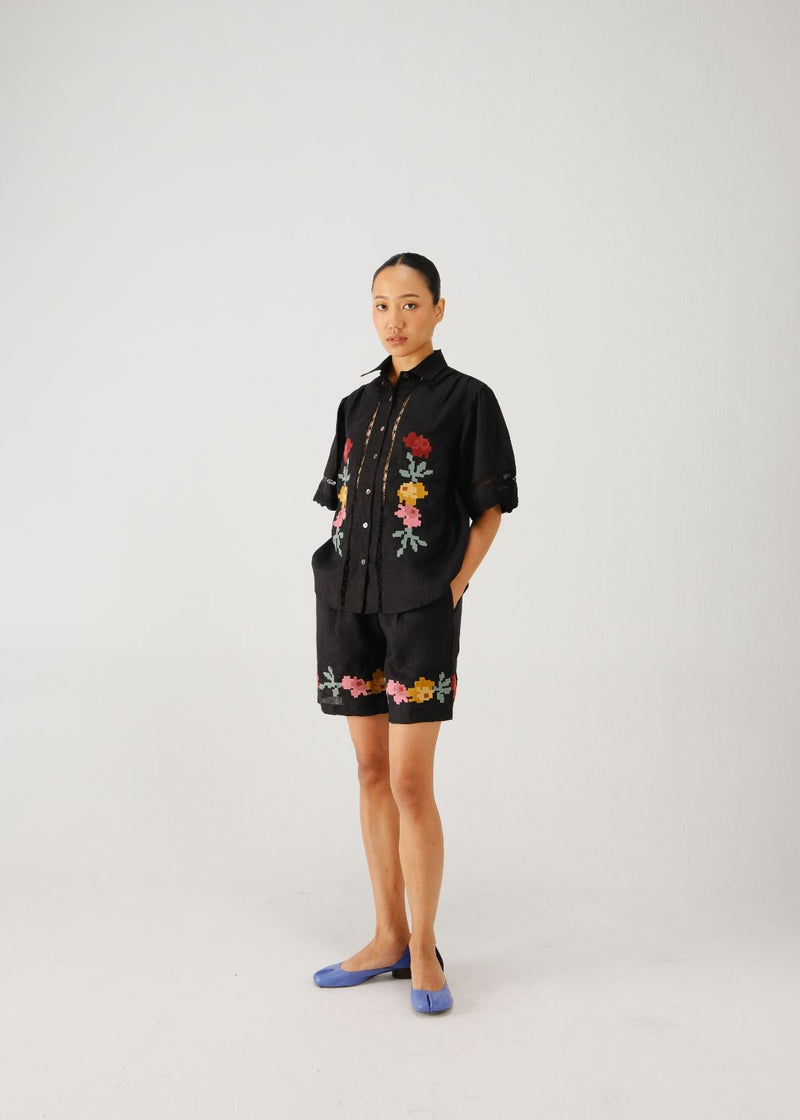 Victorian set-Black pixel emb. linen by CORD for women in Singapore