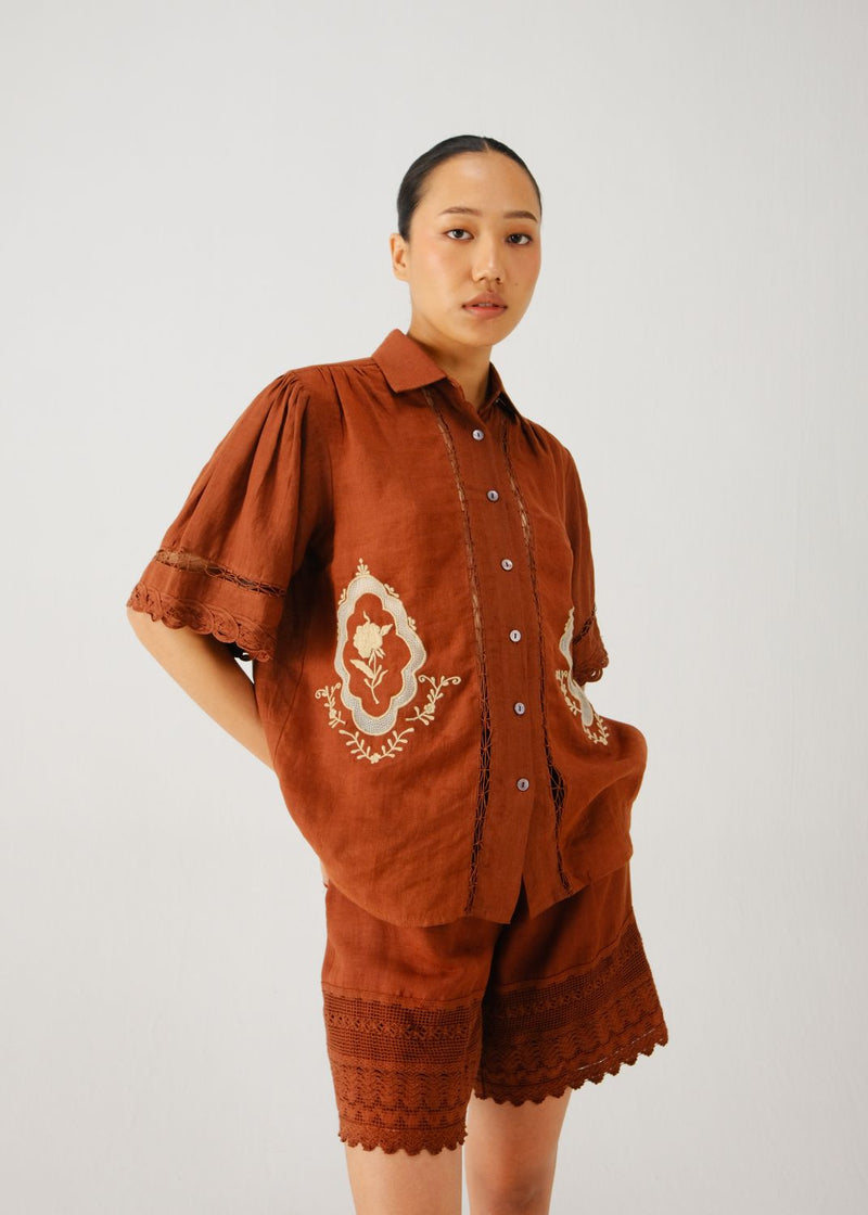 Victorian set-Rust jali emb. linen by CORD for women in Singapore