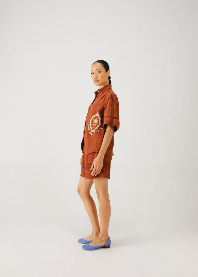 Victorian set-Rust jali emb. linen by CORD for women in Singapore