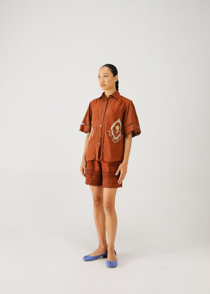 Victorian set-Rust jali emb. linen by CORD for women in Singapore