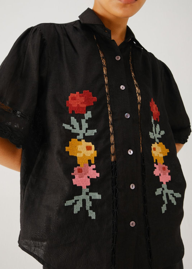 Victorian shirt-Black pixel emb. linen by CORD for women in Singapore