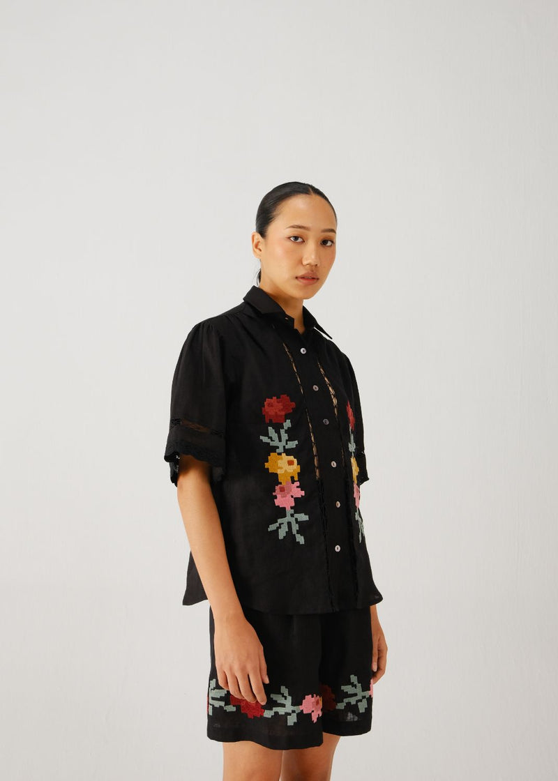 Victorian shirt-Black pixel emb. linen by CORD for women in Singapore