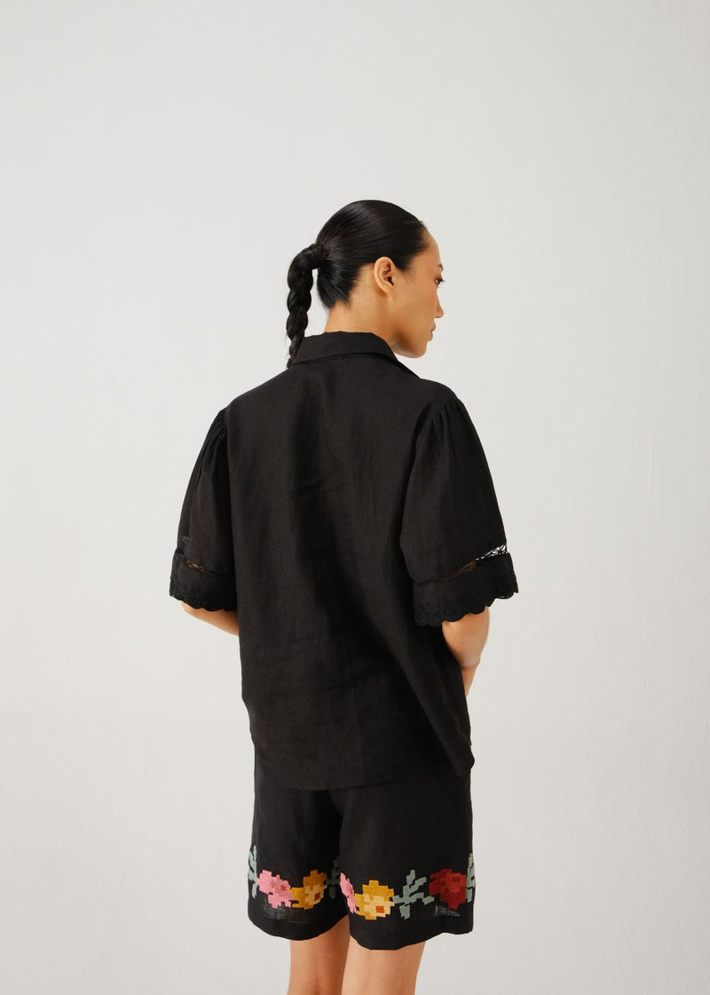 Victorian shirt-Black pixel emb. linen by CORD for women in Singapore