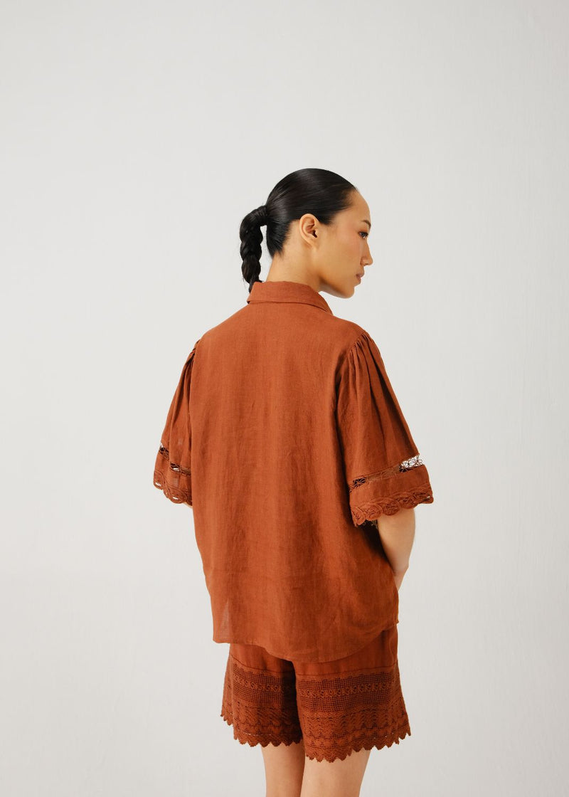 Victorian shirt-Rust jali emb. linen by CORD for women in Singapore