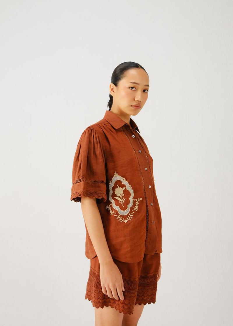 Victorian shirt-Rust jali emb. linen by CORD for women in Singapore