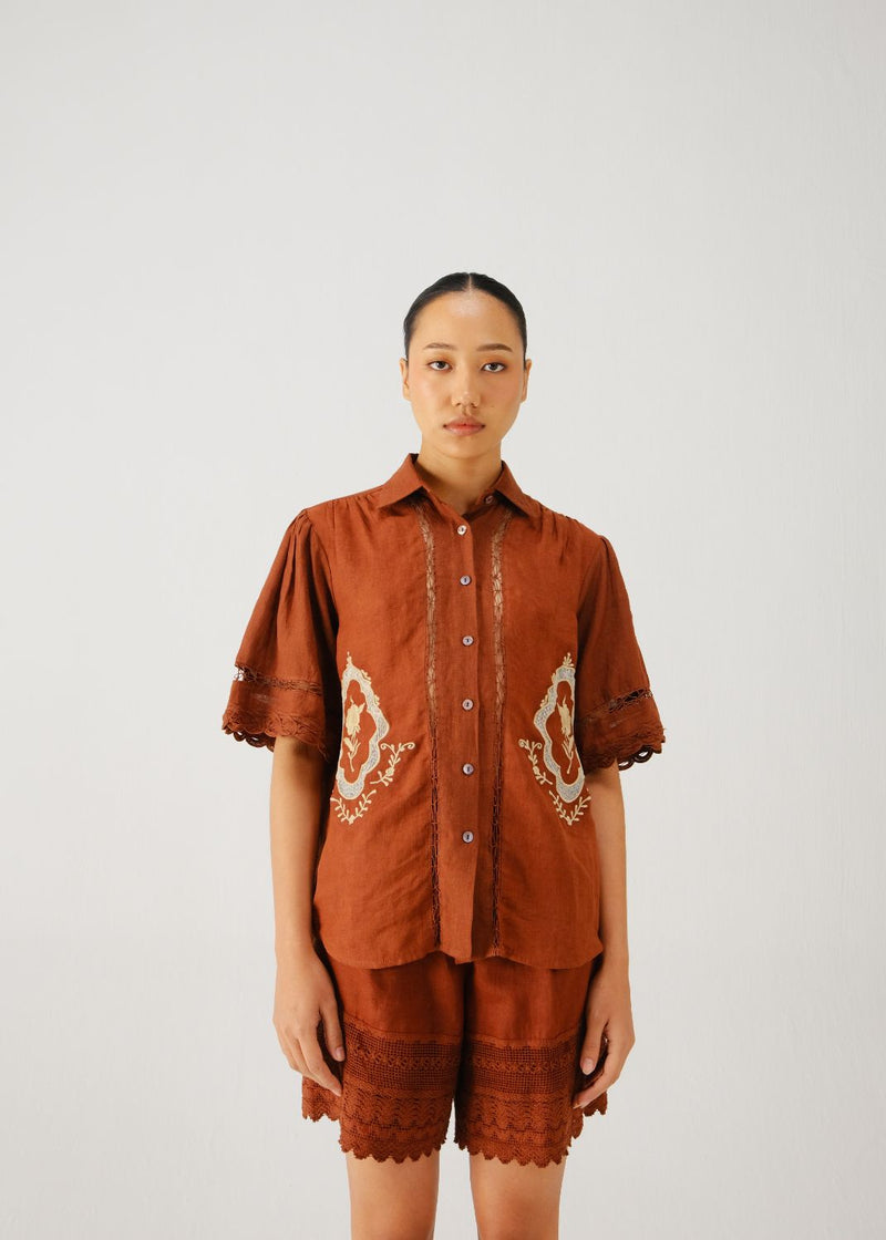 Victorian shirt-Rust jali emb. linen by CORD for women in Singapore