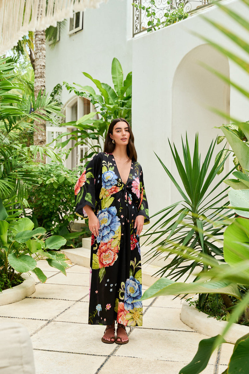 Viola Coverup-Bloom modal satin resort wear by NOIB in black for women in Singapore